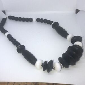 Wood and ceramic chunky beaded vintage brown and white necklace